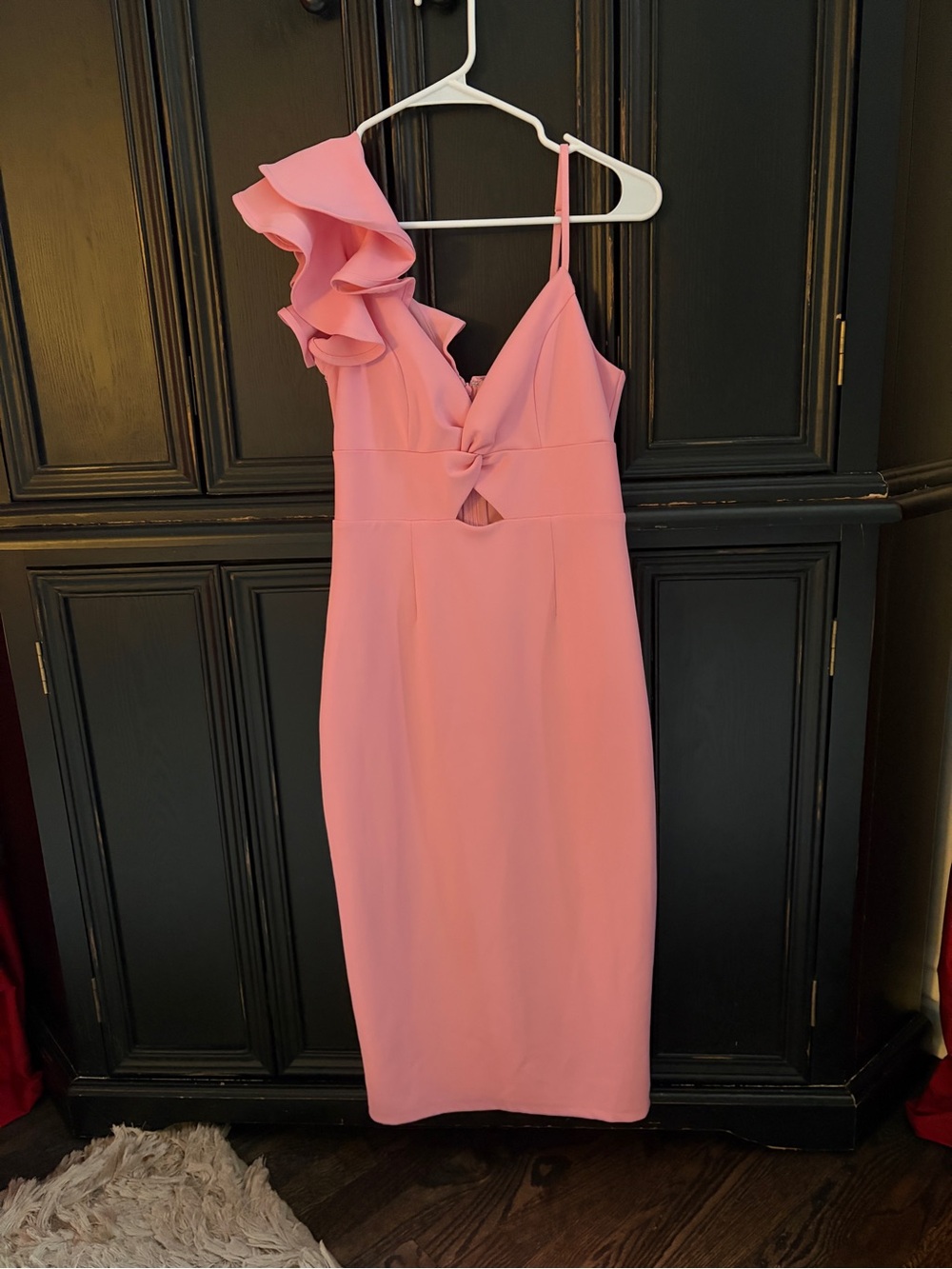 One-Shoulder Pink Ruffle Midi Dress with Front Cutout